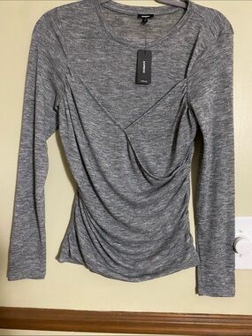 Express Gray Heather Faux-Wrap Long Sleeve Top
